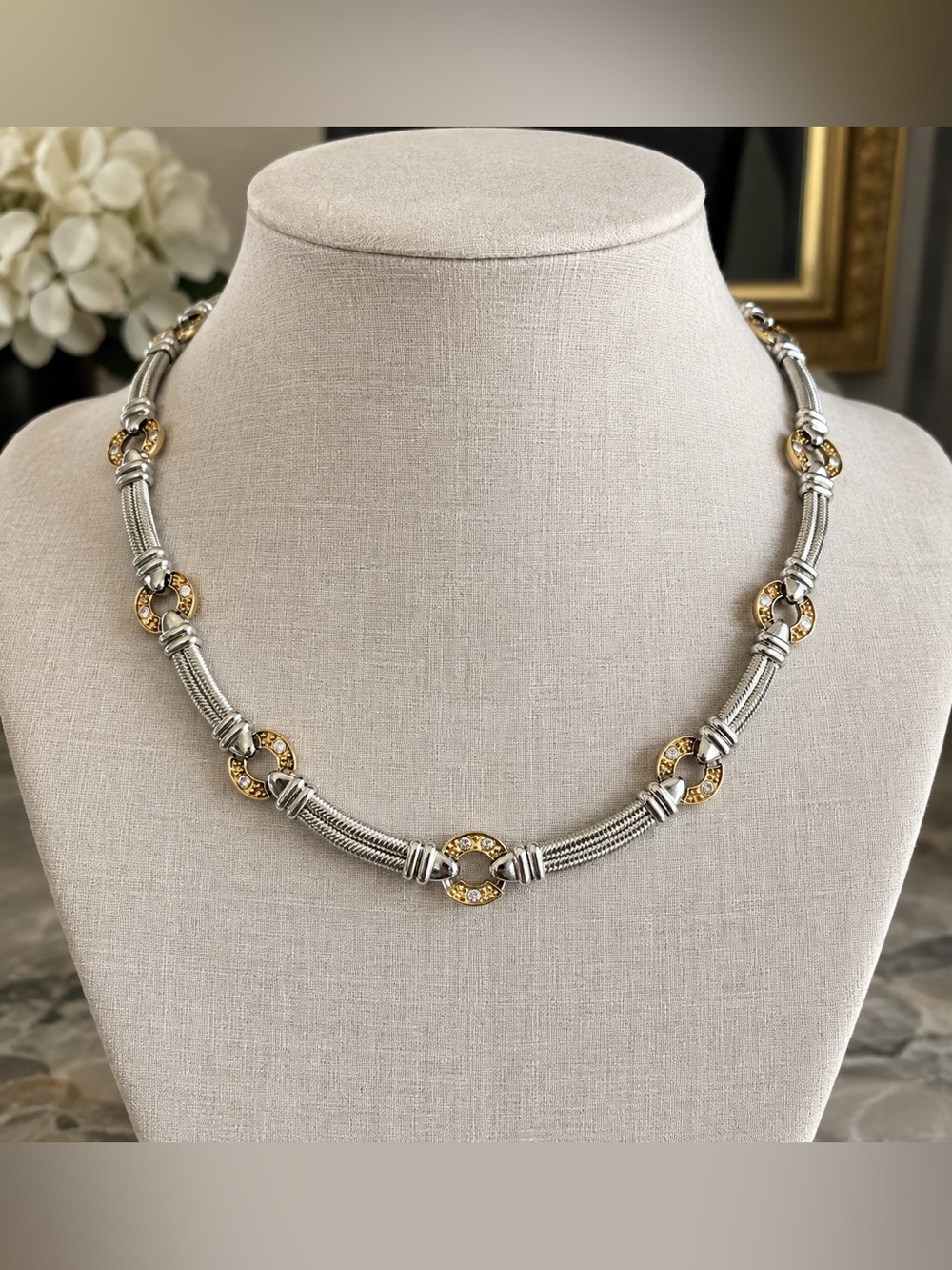 Two Tone Silver Gold Crystal Link Statement Necklace 15.5”